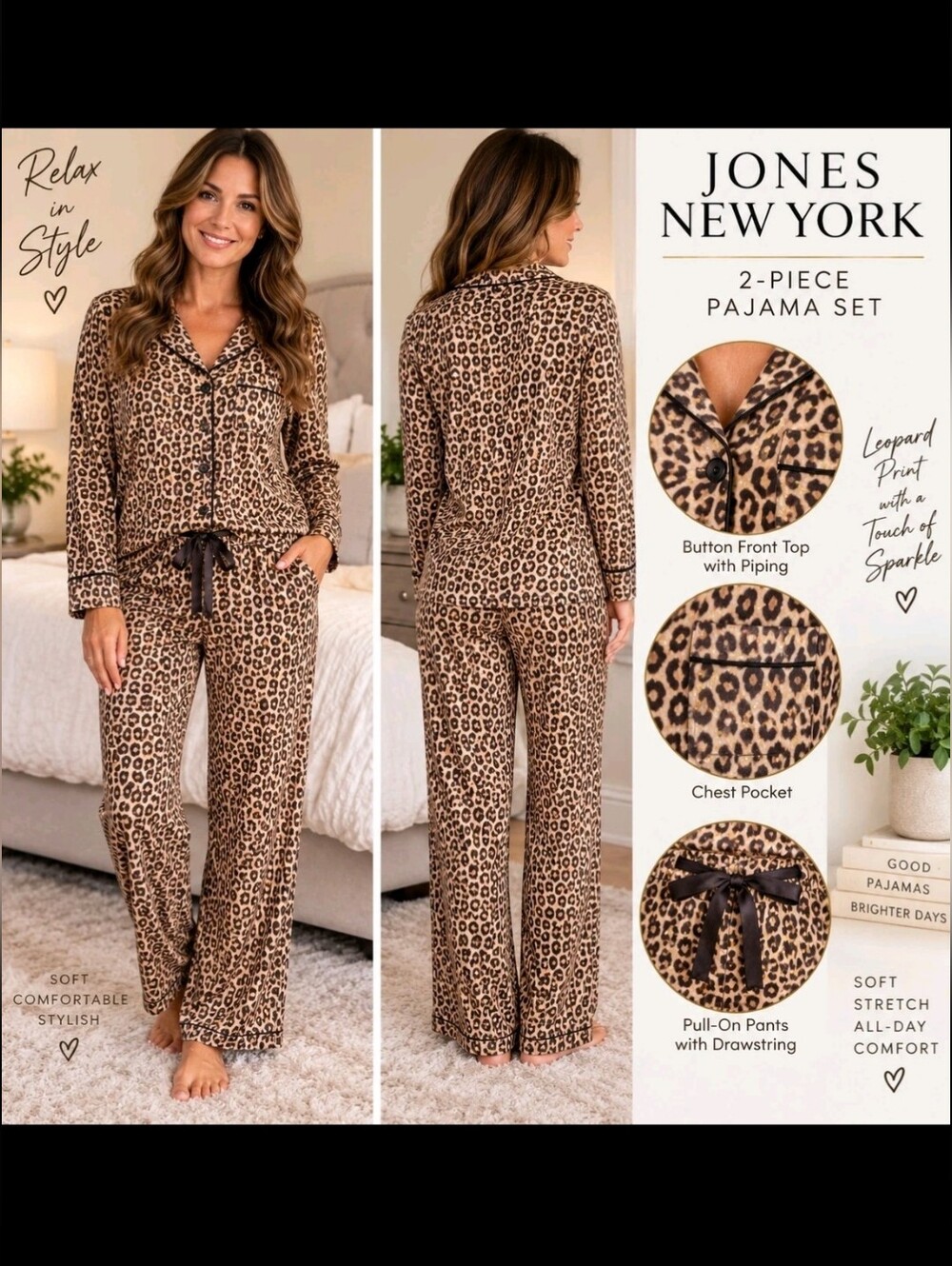 Jones New York S Leopard Print Pajama Set Gold Sparkle Button Top Pants Unworn